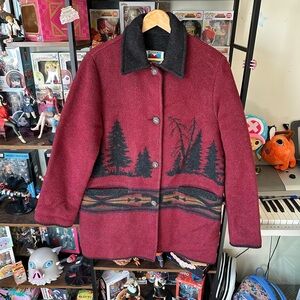 Vintage Wooded River Red Black Outdoors Scenic Jacket Women’s L (No Tag)